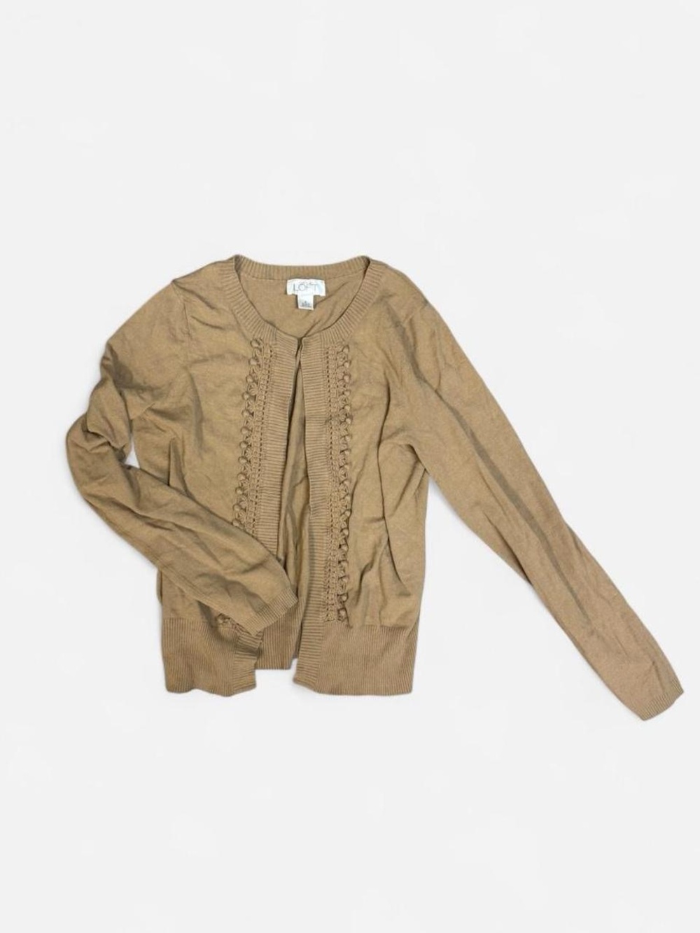 LOFT Tan Open-Front Knit Cardigan with Front Stitch Detail